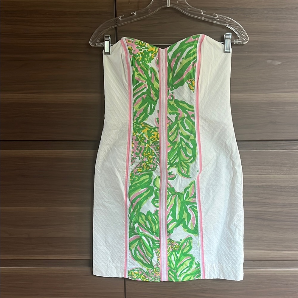 Lilly Pulitzer Strapless Mini Dress with Green and Pink Leaf Pattern